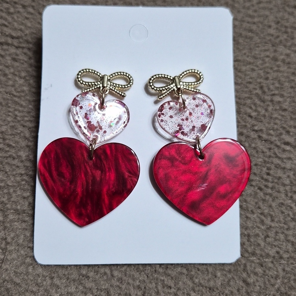 Cute Sparkly Double Red Heart Dangle Earrings with Bow Holiday